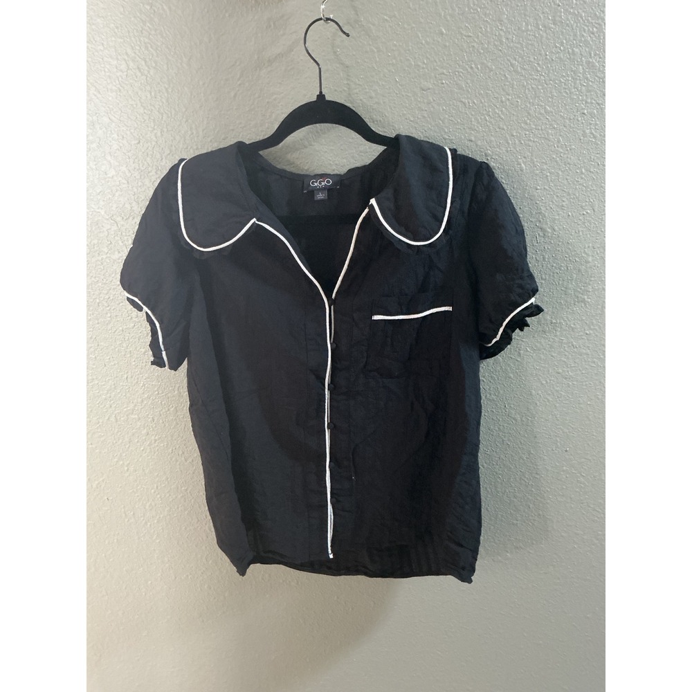 Gigio Button Up Blouse Womens Large Black Excellent Peter Pan Collar TG2137